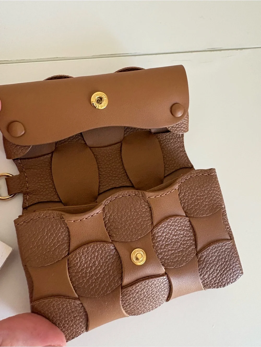 Polene Brown Woven Leather Key & Card Holder with Gold Ring